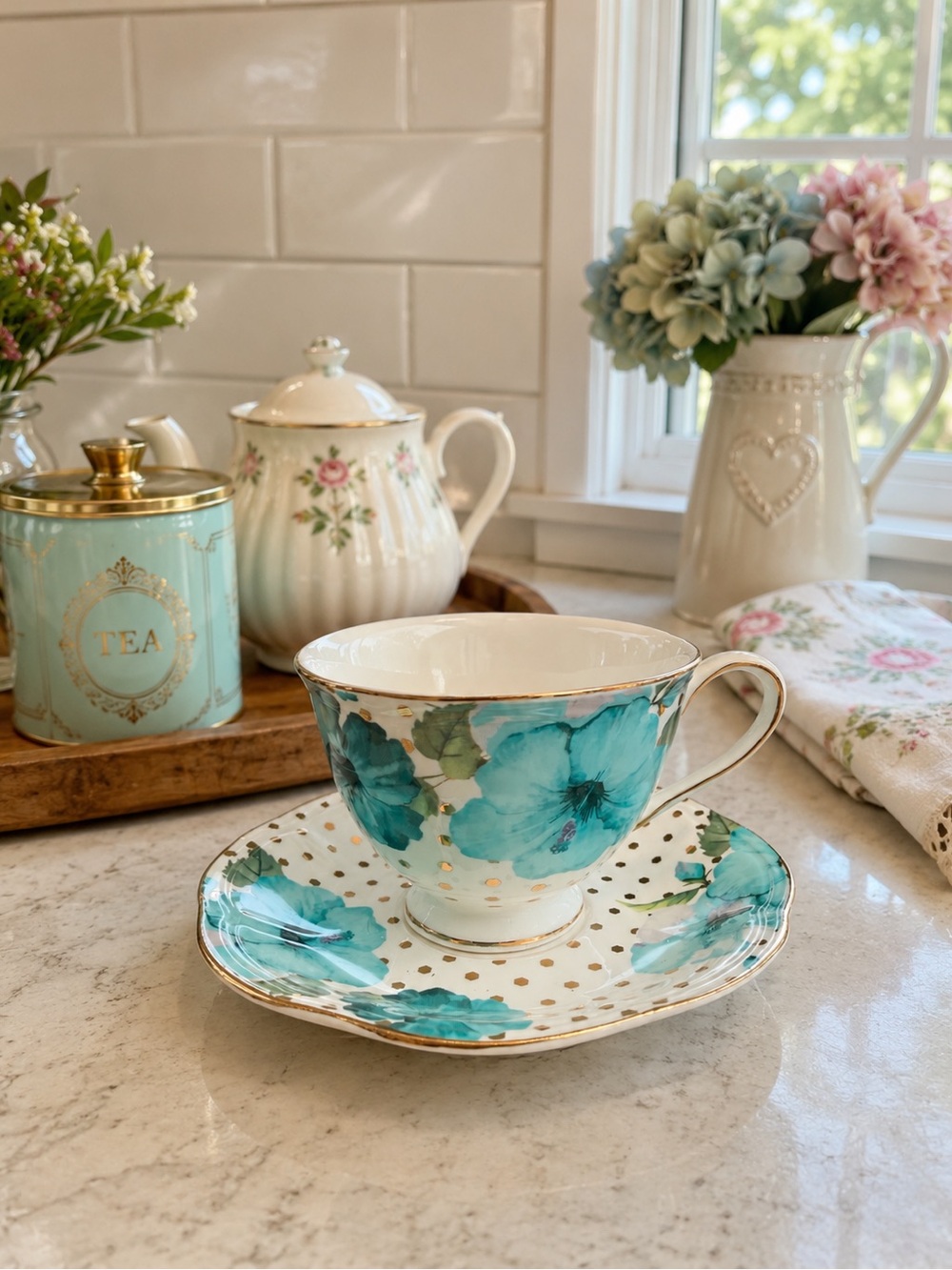 Grace's Teaware China Cup & Saucer Teal Blue HIbiscus w/Gold Dots!